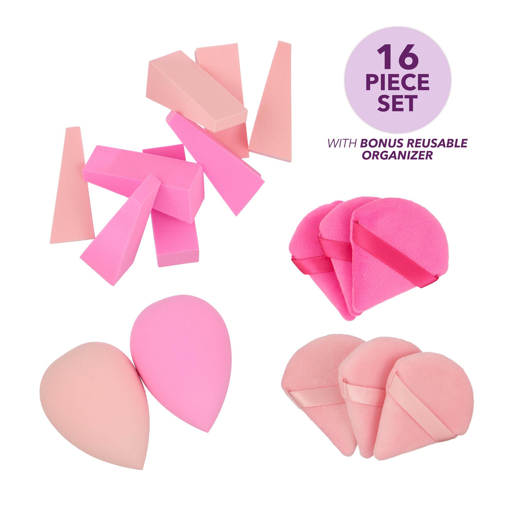 16-Piece Makeup Blender Set with Organizer - Pink - Image 2